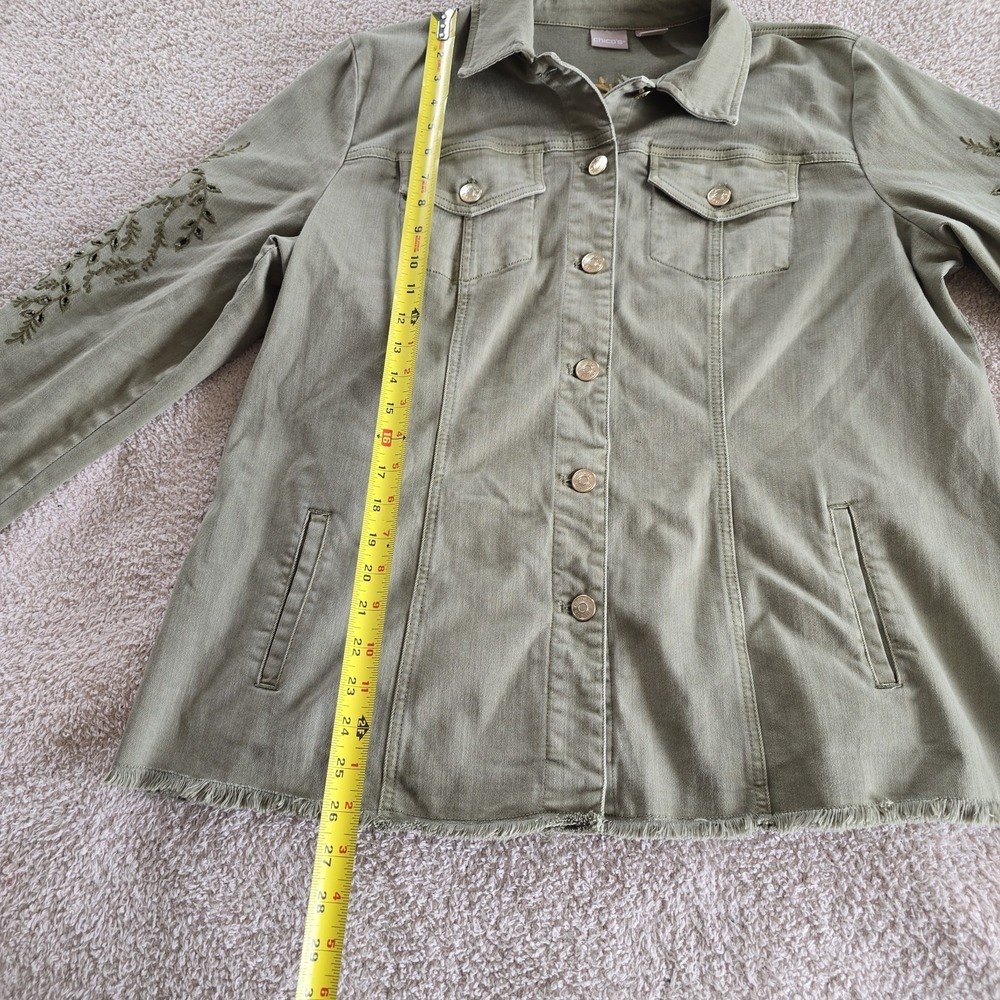 Chico's Sage Green Embroidered Jacket Floral Boho Utility Trucker Frayed Hem XL - Picture 10 of 16